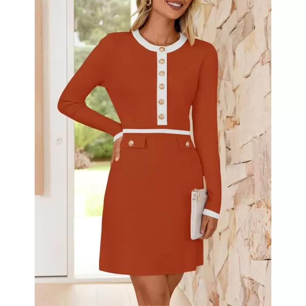 imageZESICA Womens Fall Long Sleeve Bodycon Sweater Dress Crewneck Button Knit Color Block Party Mini DressesRust