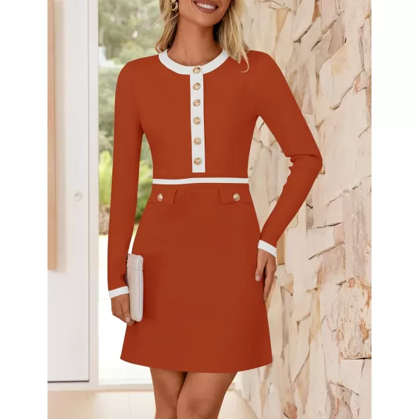 imageZESICA Womens Fall Long Sleeve Bodycon Sweater Dress Crewneck Button Knit Color Block Party Mini DressesRust