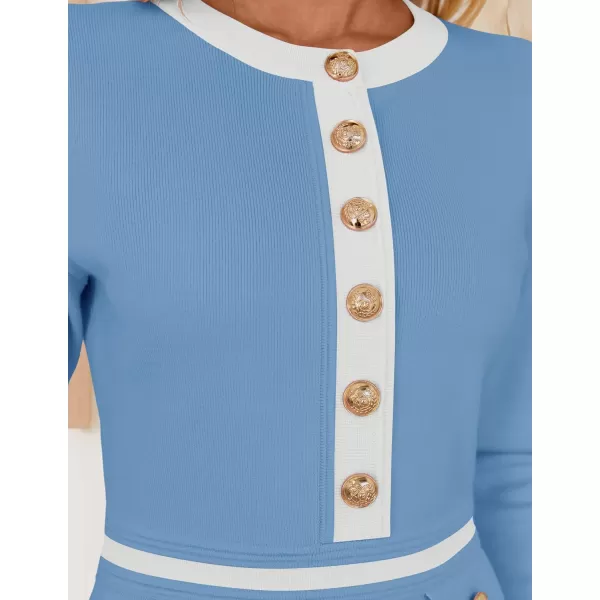 imageZESICA Womens Fall Long Sleeve Bodycon Sweater Dress Crewneck Button Knit Color Block Party Mini DressesSky