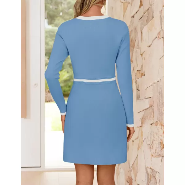 imageZESICA Womens Fall Long Sleeve Bodycon Sweater Dress Crewneck Button Knit Color Block Party Mini DressesSky
