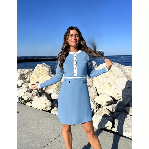 imageZESICA Womens Fall Long Sleeve Bodycon Sweater Dress Crewneck Button Knit Color Block Party Mini DressesSky