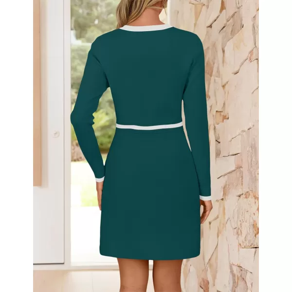 imageZESICA Womens Fall Long Sleeve Bodycon Sweater Dress Crewneck Button Knit Color Block Party Mini DressesTeal