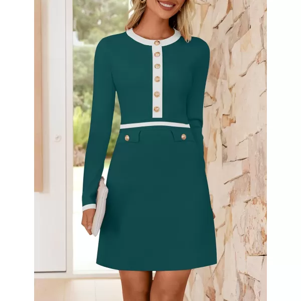 imageZESICA Womens Fall Long Sleeve Bodycon Sweater Dress Crewneck Button Knit Color Block Party Mini DressesTeal