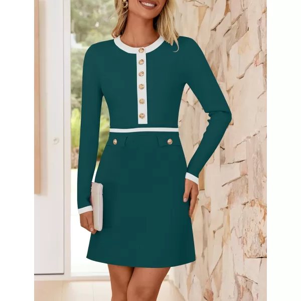 imageZESICA Womens Fall Long Sleeve Bodycon Sweater Dress Crewneck Button Knit Color Block Party Mini DressesTeal