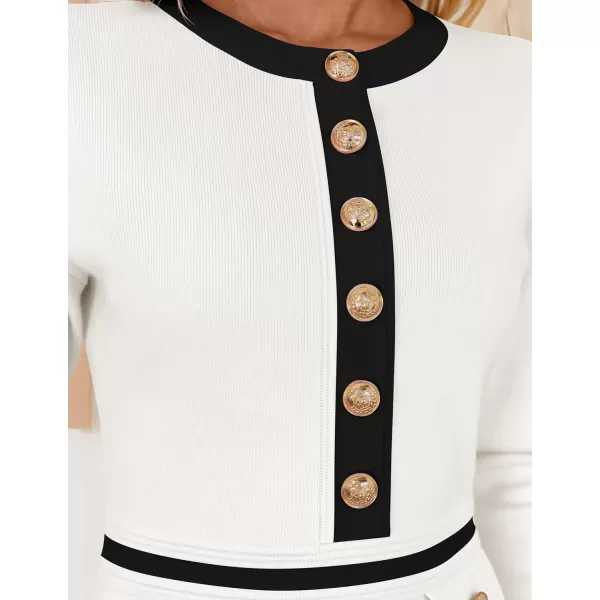 imageZESICA Womens Fall Long Sleeve Bodycon Sweater Dress Crewneck Button Knit Color Block Party Mini DressesWhite