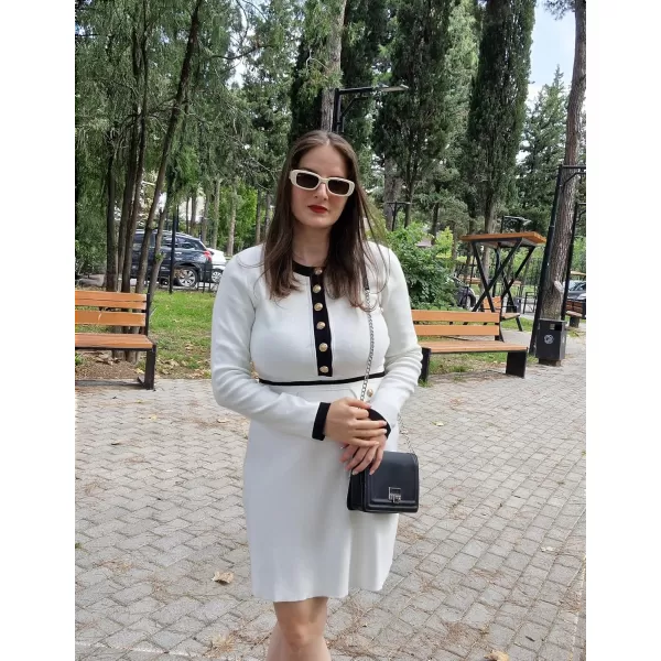 imageZESICA Womens Fall Long Sleeve Bodycon Sweater Dress Crewneck Button Knit Color Block Party Mini DressesWhite