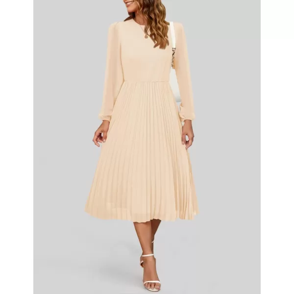 imageZESICA Womens Fall Long Sleeve Dresses 2024 Casual Crewneck Chiffon Swing Pleated A Line Cocktail Party Midi DressApricot