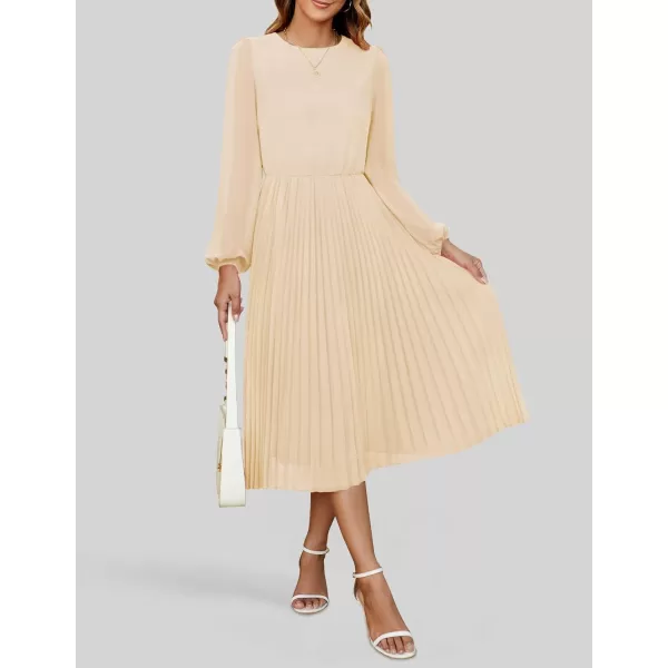 imageZESICA Womens Fall Long Sleeve Dresses 2024 Casual Crewneck Chiffon Swing Pleated A Line Cocktail Party Midi DressApricot