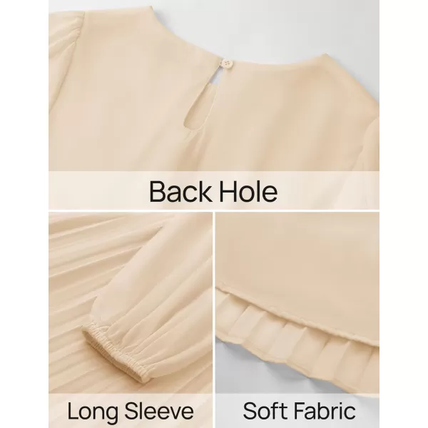 imageZESICA Womens Fall Long Sleeve Dresses 2024 Casual Crewneck Chiffon Swing Pleated A Line Cocktail Party Midi DressApricot