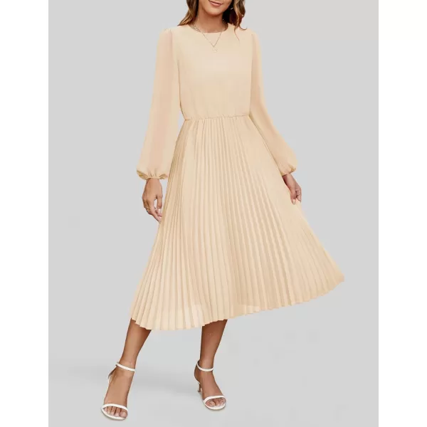 imageZESICA Womens Fall Long Sleeve Dresses 2024 Casual Crewneck Chiffon Swing Pleated A Line Cocktail Party Midi DressApricot