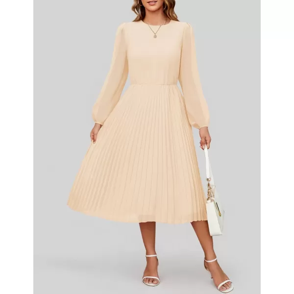 imageZESICA Womens Fall Long Sleeve Dresses 2024 Casual Crewneck Chiffon Swing Pleated A Line Cocktail Party Midi DressApricot