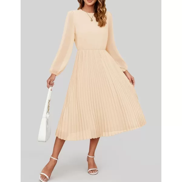 imageZESICA Womens Fall Long Sleeve Dresses 2024 Casual Crewneck Chiffon Swing Pleated A Line Cocktail Party Midi DressApricot