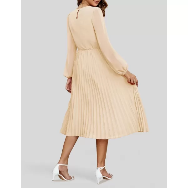 imageZESICA Womens Fall Long Sleeve Dresses 2024 Casual Crewneck Chiffon Swing Pleated A Line Cocktail Party Midi DressApricot