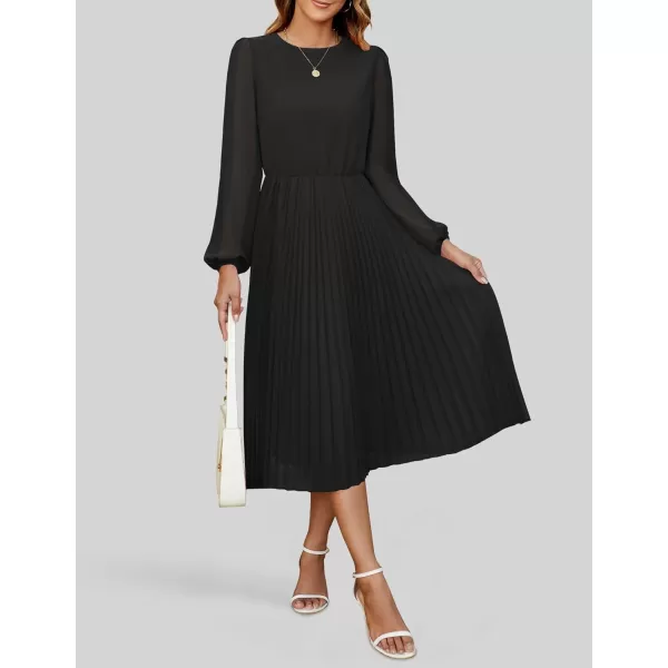 imageZESICA Womens Fall Long Sleeve Dresses 2024 Casual Crewneck Chiffon Swing Pleated A Line Cocktail Party Midi DressBlack