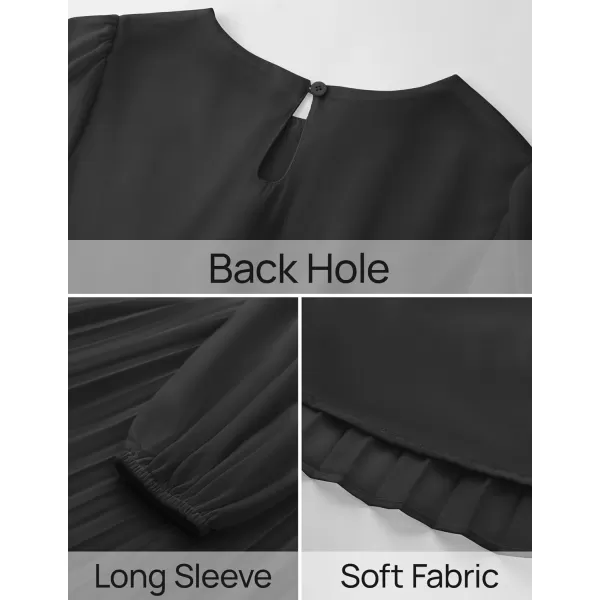 imageZESICA Womens Fall Long Sleeve Dresses 2024 Casual Crewneck Chiffon Swing Pleated A Line Cocktail Party Midi DressBlack