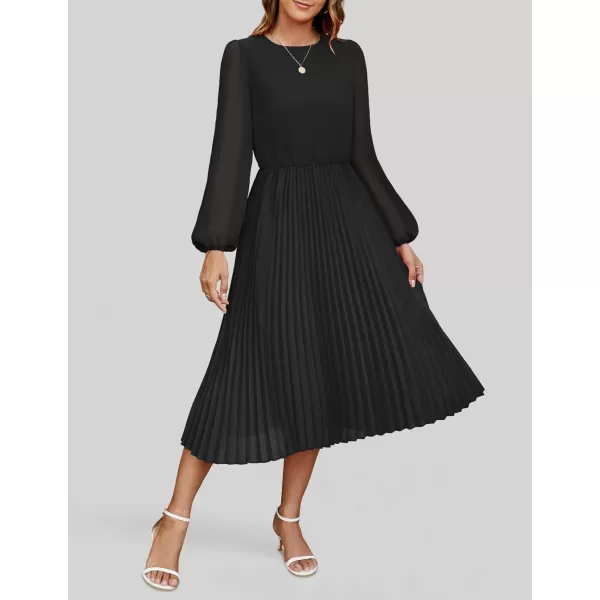 imageZESICA Womens Fall Long Sleeve Dresses 2024 Casual Crewneck Chiffon Swing Pleated A Line Cocktail Party Midi DressBlack