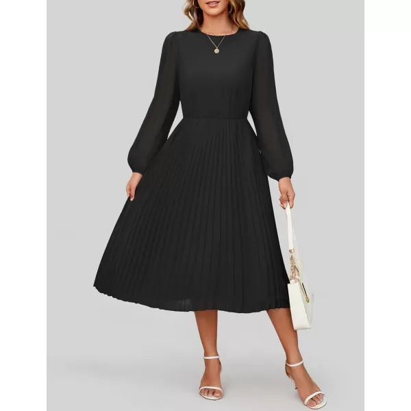 imageZESICA Womens Fall Long Sleeve Dresses 2024 Casual Crewneck Chiffon Swing Pleated A Line Cocktail Party Midi DressBlack