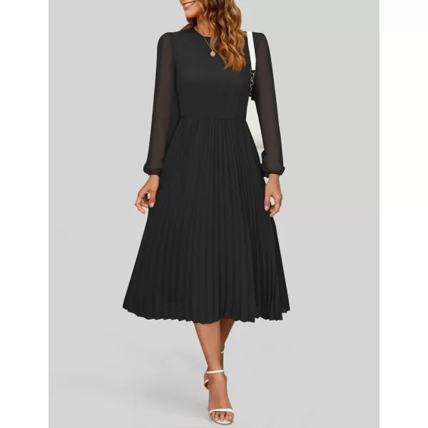 imageZESICA Womens Fall Long Sleeve Dresses 2024 Casual Crewneck Chiffon Swing Pleated A Line Cocktail Party Midi DressBlack
