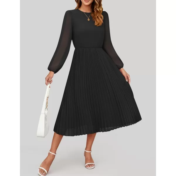 imageZESICA Womens Fall Long Sleeve Dresses 2024 Casual Crewneck Chiffon Swing Pleated A Line Cocktail Party Midi DressBlack