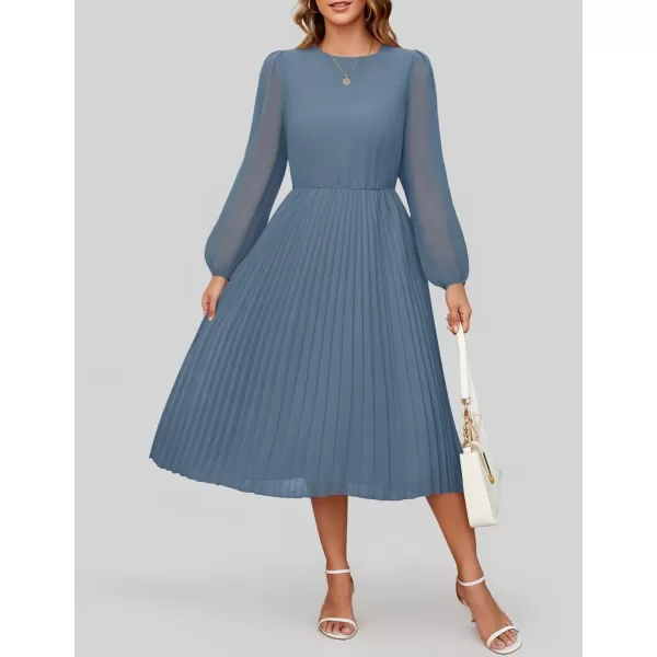 imageZESICA Womens Fall Long Sleeve Dresses 2024 Casual Crewneck Chiffon Swing Pleated A Line Cocktail Party Midi DressDusty Blue