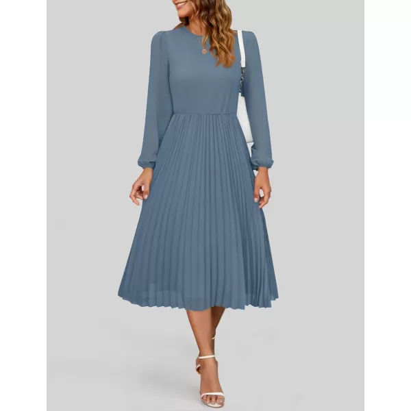 imageZESICA Womens Fall Long Sleeve Dresses 2024 Casual Crewneck Chiffon Swing Pleated A Line Cocktail Party Midi DressDusty Blue