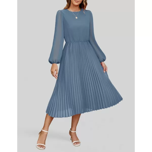 imageZESICA Womens Fall Long Sleeve Dresses 2024 Casual Crewneck Chiffon Swing Pleated A Line Cocktail Party Midi DressDusty Blue