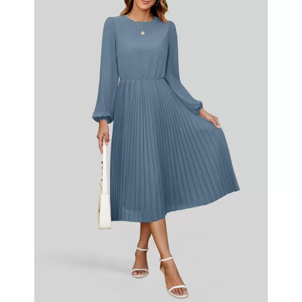 imageZESICA Womens Fall Long Sleeve Dresses 2024 Casual Crewneck Chiffon Swing Pleated A Line Cocktail Party Midi DressDusty Blue