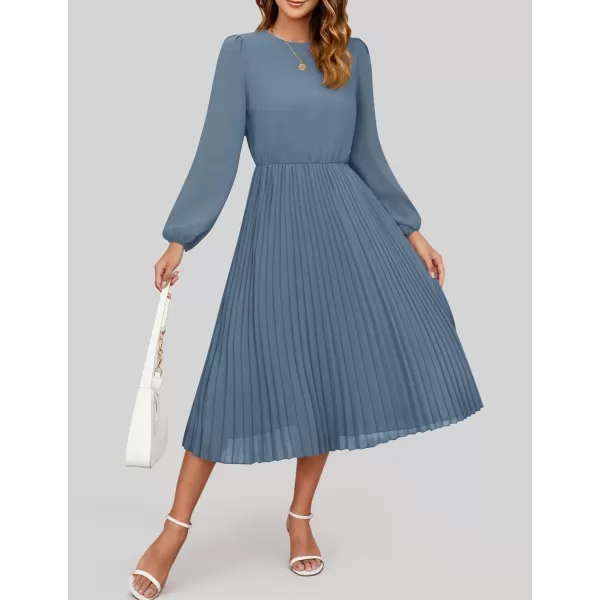 imageZESICA Womens Fall Long Sleeve Dresses 2024 Casual Crewneck Chiffon Swing Pleated A Line Cocktail Party Midi DressDusty Blue