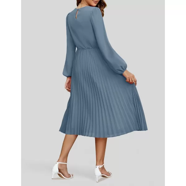 imageZESICA Womens Fall Long Sleeve Dresses 2024 Casual Crewneck Chiffon Swing Pleated A Line Cocktail Party Midi DressDusty Blue