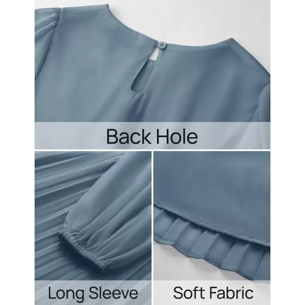 imageZESICA Womens Fall Long Sleeve Dresses 2024 Casual Crewneck Chiffon Swing Pleated A Line Cocktail Party Midi DressDusty Blue