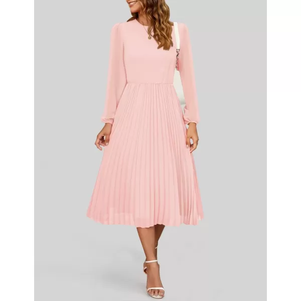 imageZESICA Womens Fall Long Sleeve Dresses 2024 Casual Crewneck Chiffon Swing Pleated A Line Cocktail Party Midi DressLight Pink