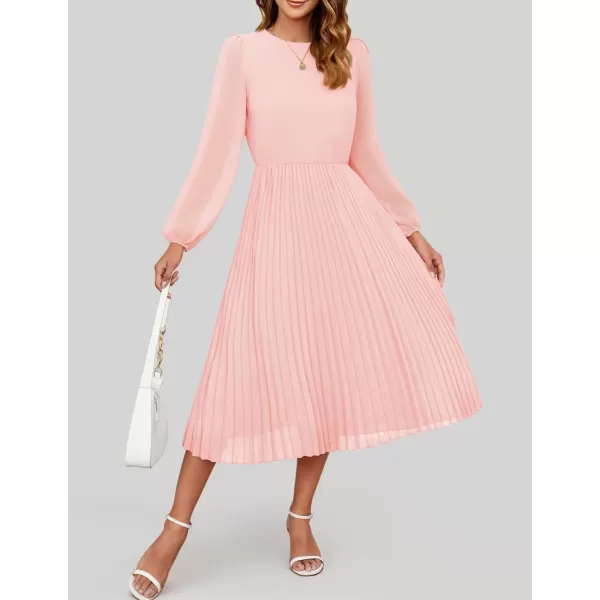 imageZESICA Womens Fall Long Sleeve Dresses 2024 Casual Crewneck Chiffon Swing Pleated A Line Cocktail Party Midi DressLight Pink