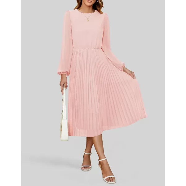 imageZESICA Womens Fall Long Sleeve Dresses 2024 Casual Crewneck Chiffon Swing Pleated A Line Cocktail Party Midi DressLight Pink