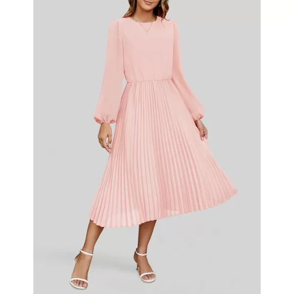 imageZESICA Womens Fall Long Sleeve Dresses 2024 Casual Crewneck Chiffon Swing Pleated A Line Cocktail Party Midi DressLight Pink