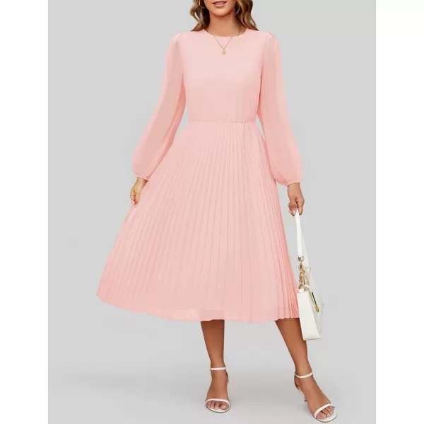 imageZESICA Womens Fall Long Sleeve Dresses 2024 Casual Crewneck Chiffon Swing Pleated A Line Cocktail Party Midi DressLight Pink