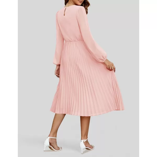 imageZESICA Womens Fall Long Sleeve Dresses 2024 Casual Crewneck Chiffon Swing Pleated A Line Cocktail Party Midi DressLight Pink