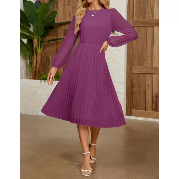 imageZESICA Womens Fall Long Sleeve Dresses 2024 Casual Crewneck Chiffon Swing Pleated A Line Cocktail Party Midi DressPlum