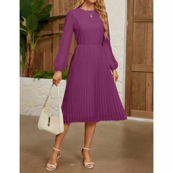 imageZESICA Womens Fall Long Sleeve Dresses 2024 Casual Crewneck Chiffon Swing Pleated A Line Cocktail Party Midi DressPlum