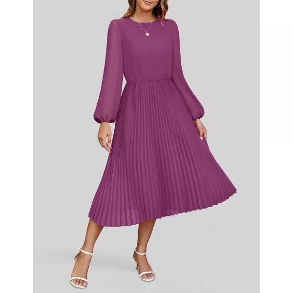 imageZESICA Womens Fall Long Sleeve Dresses 2024 Casual Crewneck Chiffon Swing Pleated A Line Cocktail Party Midi DressPurple