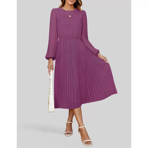 imageZESICA Womens Fall Long Sleeve Dresses 2024 Casual Crewneck Chiffon Swing Pleated A Line Cocktail Party Midi DressPurple