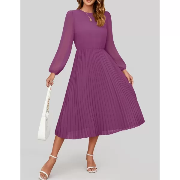 imageZESICA Womens Fall Long Sleeve Dresses 2024 Casual Crewneck Chiffon Swing Pleated A Line Cocktail Party Midi DressPurple