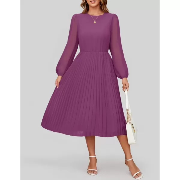 imageZESICA Womens Fall Long Sleeve Dresses 2024 Casual Crewneck Chiffon Swing Pleated A Line Cocktail Party Midi DressPurple