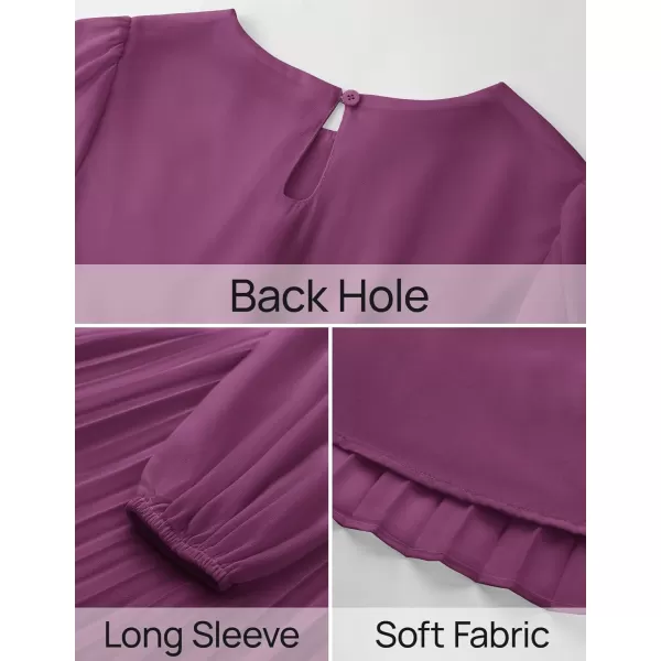 imageZESICA Womens Fall Long Sleeve Dresses 2024 Casual Crewneck Chiffon Swing Pleated A Line Cocktail Party Midi DressPurple