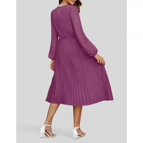 imageZESICA Womens Fall Long Sleeve Dresses 2024 Casual Crewneck Chiffon Swing Pleated A Line Cocktail Party Midi DressPurple