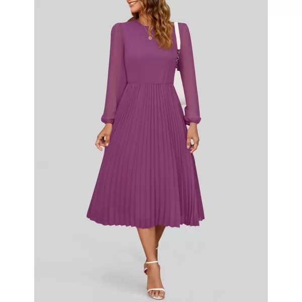imageZESICA Womens Fall Long Sleeve Dresses 2024 Casual Crewneck Chiffon Swing Pleated A Line Cocktail Party Midi DressPurple