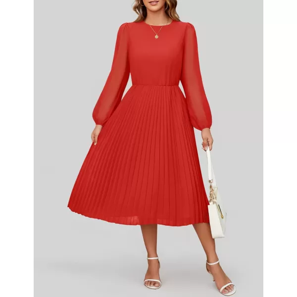 imageZESICA Womens Fall Long Sleeve Dresses 2024 Casual Crewneck Chiffon Swing Pleated A Line Cocktail Party Midi DressRed