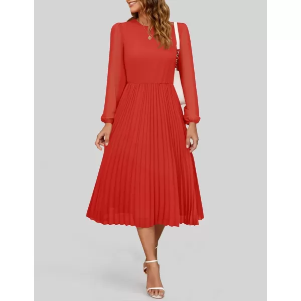 imageZESICA Womens Fall Long Sleeve Dresses 2024 Casual Crewneck Chiffon Swing Pleated A Line Cocktail Party Midi DressRed