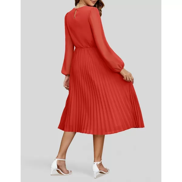 imageZESICA Womens Fall Long Sleeve Dresses 2024 Casual Crewneck Chiffon Swing Pleated A Line Cocktail Party Midi DressRed