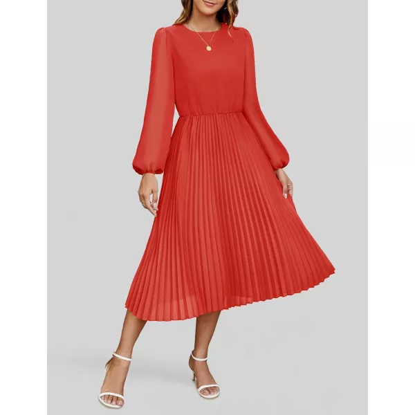 imageZESICA Womens Fall Long Sleeve Dresses 2024 Casual Crewneck Chiffon Swing Pleated A Line Cocktail Party Midi DressRed