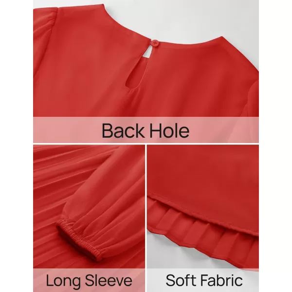 imageZESICA Womens Fall Long Sleeve Dresses 2024 Casual Crewneck Chiffon Swing Pleated A Line Cocktail Party Midi DressRed